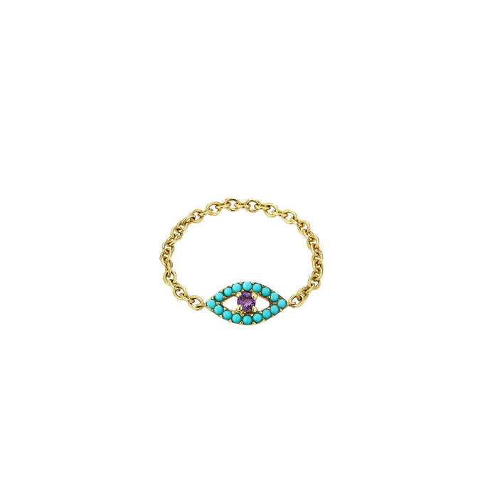 Turquoise & Amethyse Evil Eye Chain Ring